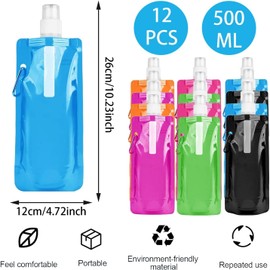 Pack of 12 500 ml Foldable Water Bottles, Foldable Water Bottles, Portable Collapsible Water Bag, Flexible Collapsible Water Bottle, Reusable Drinking Bottle Foldable