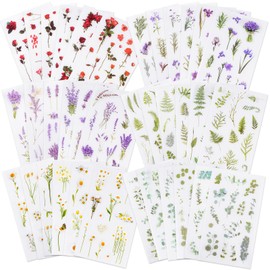 SHANFAA Pressed Flower Themed Stickers (Assorted 432 Pieces, 36 Sheets) Dried Floral Resin Stickers Decals Botanical Journaling Sticker for Scrapbook Supplies Junk Journal Planner Laptop