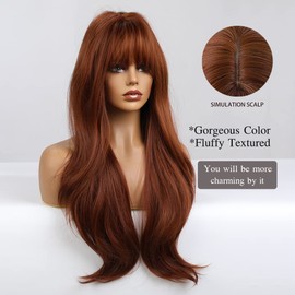 Esmee 26 Inches Long Dark Auburn Wig with Bangs Slightly Curly Hair Ends Natural Synthetic Hair Straight Wigs for Women Daily Party Cosplay Wear
