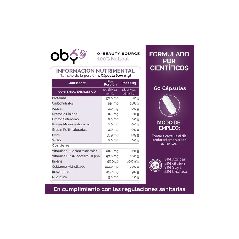 Oby Colageno Hidrolizado Resveratrol Biotina Keratina Vitamina Suplemento Antioxidante Vitybell