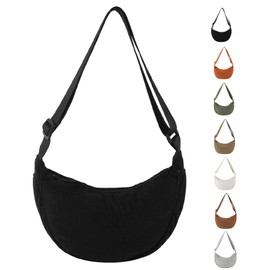 LOCCY Corduroy Dumpling Bag for Women, Waterproof Lightweight Storage Crossbody Crescent Bag, Cross Body Bag with Adjustable Strap for Travelling, Work, School and Daily Use (black)