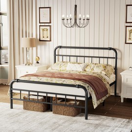 ZIYOO Metal Queen Size Bed Frame with Headboard and Footboard, 14 Inch High, 3500 Pounds Support, Vintage Decor, No Box Spring Needed Platform, Non-Slip and Noise-Free, Easy Assembly Black