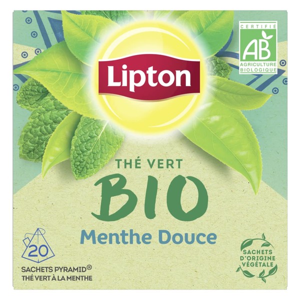 Lipton Organic Green Tea Sweet Mint, Fresh Peppermint Taste, Natural Break, 20 Pyramid® Sachets