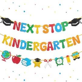 Preschool Graduation Decorations, Pre-Strung Next Stop Kindergarten Banner, Glitter Preschool Graduation Banner for Pre K Graduation Decorations & 1st Day of Kindergarten Decor (3Pcs)