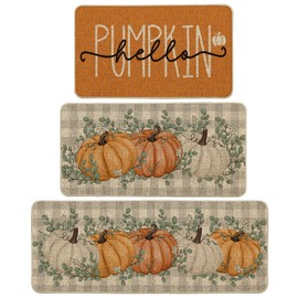 Artoid Mode Orange Buffalo Plaid Hello Pumpkin Fall Kitchen Mats Set of 3, Home Decor Low-Profile Kitchen Rugs for Floor - 17"x29"+17"x36"+17"x47"
