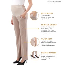 Alina Mae Maternity Pants Comfortable Stretch Over-Bump Women Pregnancy Casual Capris for Work (Trouser Style - Khaki, Large (Size 12-14))