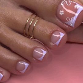 Summer Press on Toenails Short Square Fake Toe Nails Purple French Tip Toe Nail Press ons NudeToenail Press ons Cute Acrylic Toenails with 3D Flower Designs Stick on Toenails for Women 24Pcs