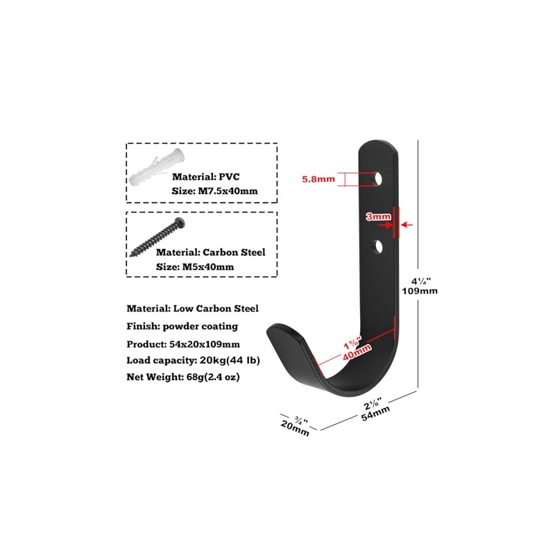 OTTFF 10 Pack Black Steel J Hook, 4-1/4" Wall Mount