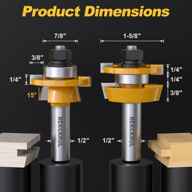 REKCKRUL 2PCS Bevel Shaker Rail and Stile Router Bit Set, 1/2 Inch Carbide-Tipped Cabinet Door Router Bit Set with Anti-Kickback Design (3/8 Inch Cutting Depth, 7/8 Inch Stock)