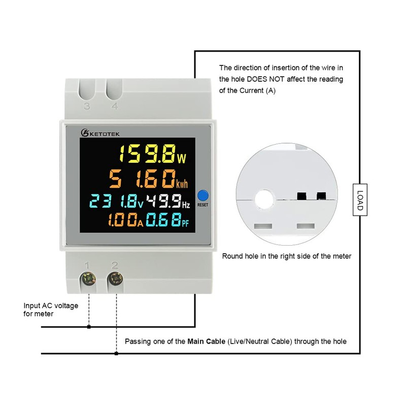 KETOTEK Energy Meter Single Phase AC40-300V 100A, Din Rail KWH
