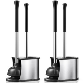 HAMITOR Toilet Plunger and Brush Set: 2 Pack 2 in 1 Stainless Steel Rustproof Combo with Curved Bristles - Heavy Duty Toilet Unclogging for Family Bathroom - Compact Apartment Cleaning Accessories