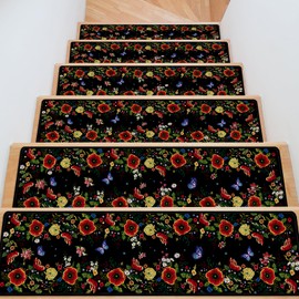 InIsaJace Non-Slip Carpet Stair Runner 8" X 30", 15 Pack Flower Stair Treads for Wooden Steps, Floral Washable Self Adhesive Rugs Staircase Mats for Kids Elders and Dogs Indoor