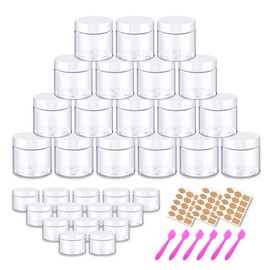 2oz 60ml Travel Pots with White Lids 24pcs + 24pcs 20g Small Travel Containers 48 Pack Clear Cosmetic Sample Containers for Cream, Body Butter, Eye Shadow,Rhinestone,Lip Scrub -Free Labels & Spatulas