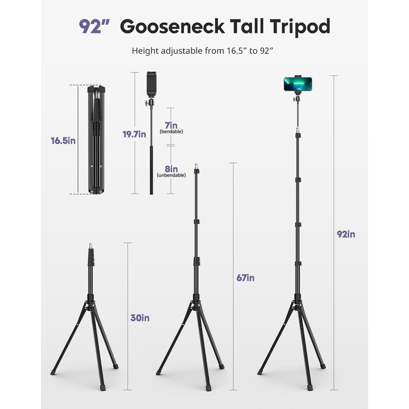 Aureday Phone Tripod, 92" Cell Phone Stand with 15" Gooseneck,