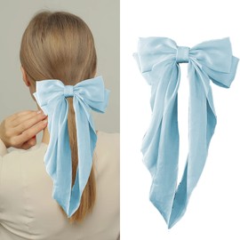 Jumbo Bow Clip with Tails Hair Bow Clip For Woman Girls Silky Satin Hair Barrettes Clip Large Bow Hair Slides Metal Clips French Barrette Long Tail Bowknot Hairpin Hair Pins Accessories (Light Blue)