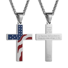 HZMAN American Flag Patriotic Cross Religious Jewelry Pendant Necklace, Silver lettering Prov 30:5