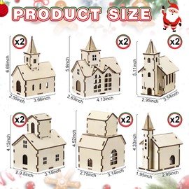 Hiboom 12 Pcs DIY Christmas Village Sets Wood Rustic Church Christmas Mini Wooden House Gift for Winter Xmas Party Crafts Decorations
