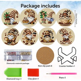 8 pcs 5D DIY Coffee Gnome Diamond Paintings Coasters with Holder for Adults Beginners, Round Full Drill Diamond Art Craft Supplies(Coffee Gnome QLBD-14)