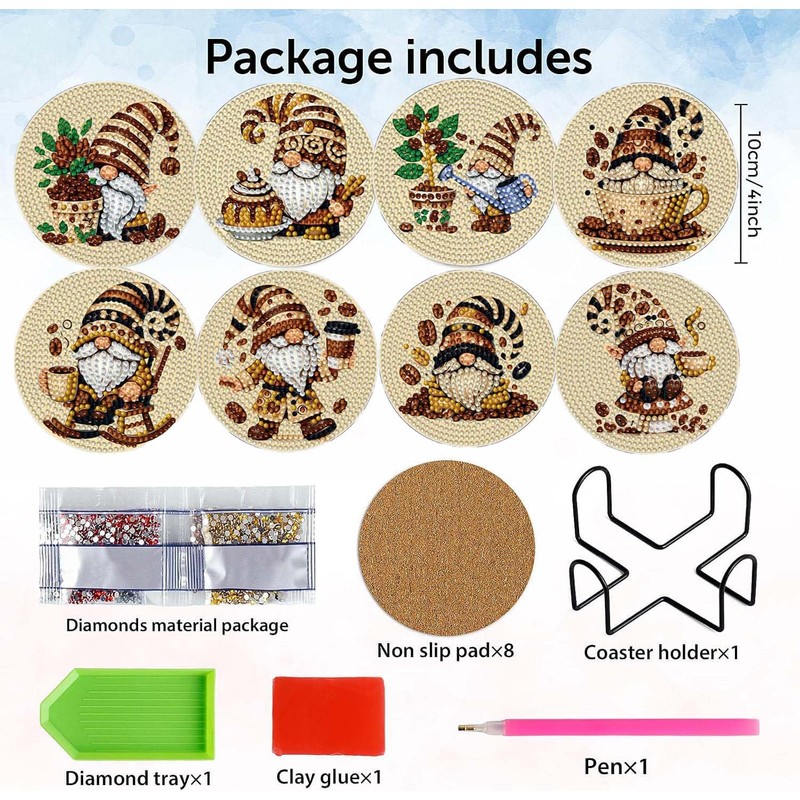 8 pcs 5D DIY Coffee Gnome Diamond Paintings Coasters with