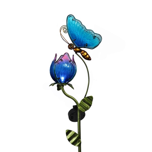 TERESA'S COLLECTIONS Flower Solar Garden Decorations Stake for Lawn Ornaments, 42 Inch Glass Butterfly Solar Lights Garden Decor for Outdoor Pathway Yard Art