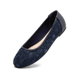 Greatonu Women Causal Shoes Cut Out Slip On Lace Floral Closed Toe Ballet Ballerina Flats with Lining, 5 UK, Navy With Lining