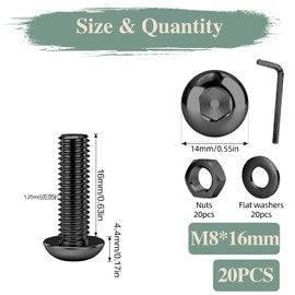 GOHODOMINO M8×16mm Button Head Socket Cap Bolts Screws, Nuts, Flat Washers, 20Pcs, 304 Stainless Steel 18-8, Fully Threaded, Black Oxide, with Hex Spanner