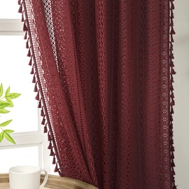WAZZIO Burgundy Sheer Curtains 84 Inches Long 2 Panel Cotton Blend Crochet Lace Curtain Tassel Rod Pocket Semi Sheer Light Filtering Boho Curtains for Bedroom Living Room Window Drapes Maroon Red