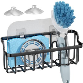 Consumest 2 IN 1 Kitchen Sink Organizer Sink Caddy with Adhesive Hook & Suction Cups, SUS 304 Rustproof Sponge Holder for Kitchen Sink, Versatile Sink Rack for Sponge, Brush, Sink Stopper - Black