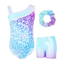 Gogokids Girls Three Piece Gymnastics Set, Y Neck Sleeveless Leotard with Shorts and Headband, Ballet Dancing Leotard Gymnastics Outfit with Blue & Purple Colour Block Design, 3-12 Years, sky blue