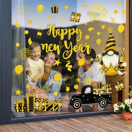 Whaline 6 Sheet Happy New Year Window Clings Foil Gold Firework Gnome Truck Present Reusable Window Decals for Home Office Classroom Party Decor