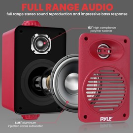 Pyle 200 Watt Bluetooth Indoor Outdoor Speakers Pair - Dual Waterproof 3.5” 2-Way Full Range Speaker System w/ 1/2” High Compliance Polymer Tweeter | Home, Boat, Marine, Deck, Patio, Poolside (Red)