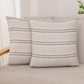 XIEJINJIA Boho Set of 2 Cushion Cover Striped Linen Decorative Farmhouse Garden Pillowcase Throw Pillow Covers for Couch Sofa Bed Living Room 45x45 cm 18x18 inch Grey Beige