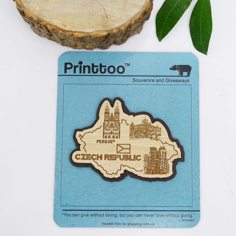 Printtoo Souvenir Czech Republic Map Gift Wooden Engraved Fridge Magnet