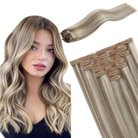 FUBILI Hair Extensions Clip Real Human Hair Ash Brown Highlights Platinum Blonde Remy Clip in Hair Extensions Lace Weft Clip In Extensions 120G 20inch 7Pcs