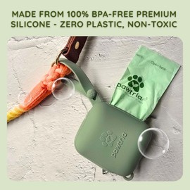 Pawtria Premium Silicone Doggie Waste Bag Dispenser (Green) BPA Free Dog Poop Bag Holder for Leash Soft Puppy Potty Carrier Doggy Zipper Pouch with 1 Roll of Home Compostable Dog Poop Bags Give Back