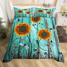 Erosebridal Turquoise Country Farmhouse Bedding Set Rustic Sunflower Duvet Cover Twin Retro Grunge Old Wooden Board Comforter Cover for Girls Adults Women Dragonfly Botanical Bed Set 1 Pillow Case