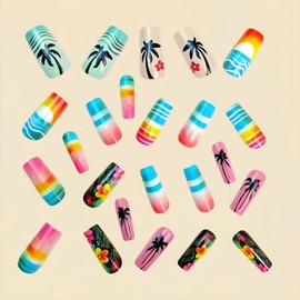Vopintpy Coconut Tree Flowers Press on Nails Summer Ocean Sunset Fake Nails Long Square Artificial Glue on Nail Glossy Full Cover Stick on Nail for Women DIY Manicure