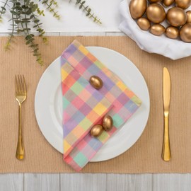 Blue Needles Gingham Buffalo Plaid Cloth Napkins - 100% Cotton Set of 12 Spring Easter Bunny Pastel Napkins 18x18 inches - Soft, Reusable, and Washable, Perfect for Dinner Party - Multi Color