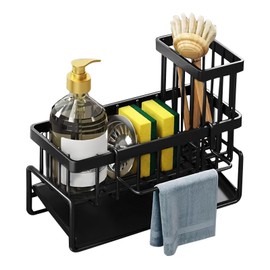 Kitchen Sink Caddy Organiser - Sink Tidy Kitchen S ink Organiser with Auto Draining Tray, Brush Holder, Stainless Steel Sponge Holder Towel Hanger with Divider for Countertop(COLOR:Black)