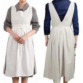 losofar Women Girls Vintage Pleated Split Apron V Neck Gardening Works Cotton Overall Smock Pinafore Dress (white, 40" L)