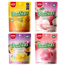 AMOS Gomitas Pelables Peelerz Sabores Mango, Durazno Blanco, Lychee y Maracuyá 4 Bolsas Dulces Suaves Snack Divertido - 4P(85g)