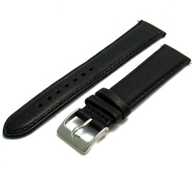 Soft Genuine Leather Watch Strap Band 16mm, Black, Chrome (Silver Colour) Buckle