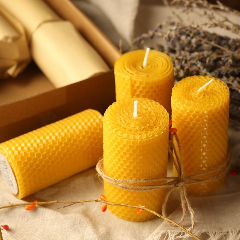 3 Pack Natural Beeswax Pillar Candles,Handmade Pure Beeswax Rolled Candle-60