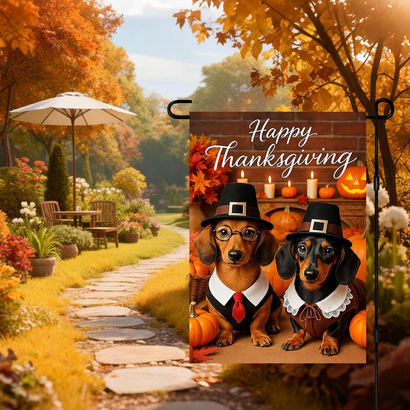 IVN Happy Thanksgiving Dachshund Garden Flag 12x18 Inch Double Sided