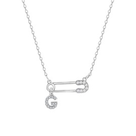 Angelra Danity Safety Pin With Initial Charm Necklace Silver Plated Choker for Women Girls, Paper Clip Pendant Necklaces Adjustbale Chain Fashion Jewellery Gifts (G)