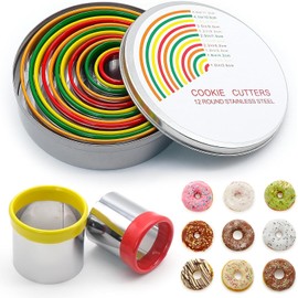 WSAMJIN 12 Pcs Round Cookie Cutters, Colorful Pastry Cutter Set, Stainless Steel Circle Cookie Cutter Ring with Rubber Coating Baking Dough Tools for Dough, Pastry, Donut, Fondant, DIY (12 Sizes)