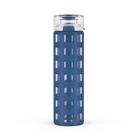 Ello Syndicate 20oz Reusable Glass Water Bottle with One-Touch Leak Proof Flip Lid and Protective Non-Slip Silicone Sleeve and Carry Loop for Coffee, Tea and Water, BPA-free Dishwasher Safe, Bold Blue