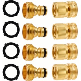 Garden Hose Quick Connector, 3/4 Inch GHT Thread Quick Connect Kit, 4 Sets Solid Brass Water Hose Fittings, No-Leak Water Hose Female Adapter and Male Adapter