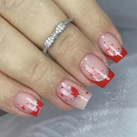 Valentine's Day Press on Nails Short Square Fake Nails with Heart Glitter Designs Red French Tip Nails Press ons Glossy Glue on Nails Nude False Nails Valentines Stick on Nails for Women 24Pcs