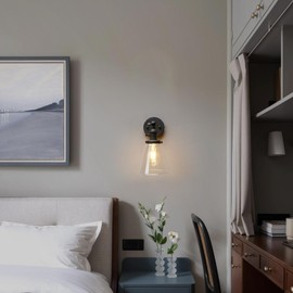 PERMO Industrial Wall Sconce with On/Off Switch and Funnel Flared Clear Glass Shade for Living Room Bathroom Bedroom (Black)